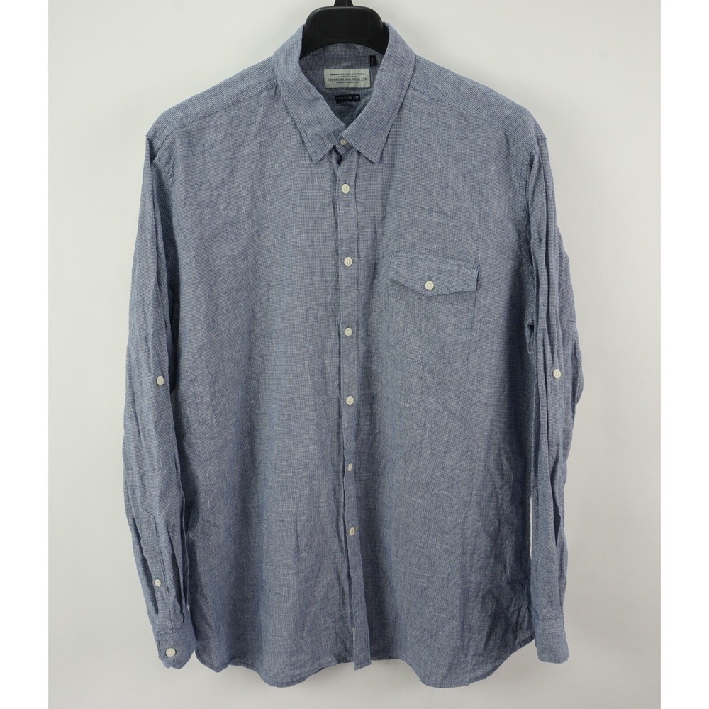 Barbour Drift Shirt Linen Blend Micro Houndstooth Check Mens XL Roll Sleeve Blue